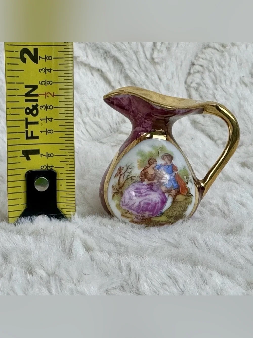 VINTAGE LIMOGES FRANCE Mini Hand Painted Pitcher Burgundy & Gold Collectible